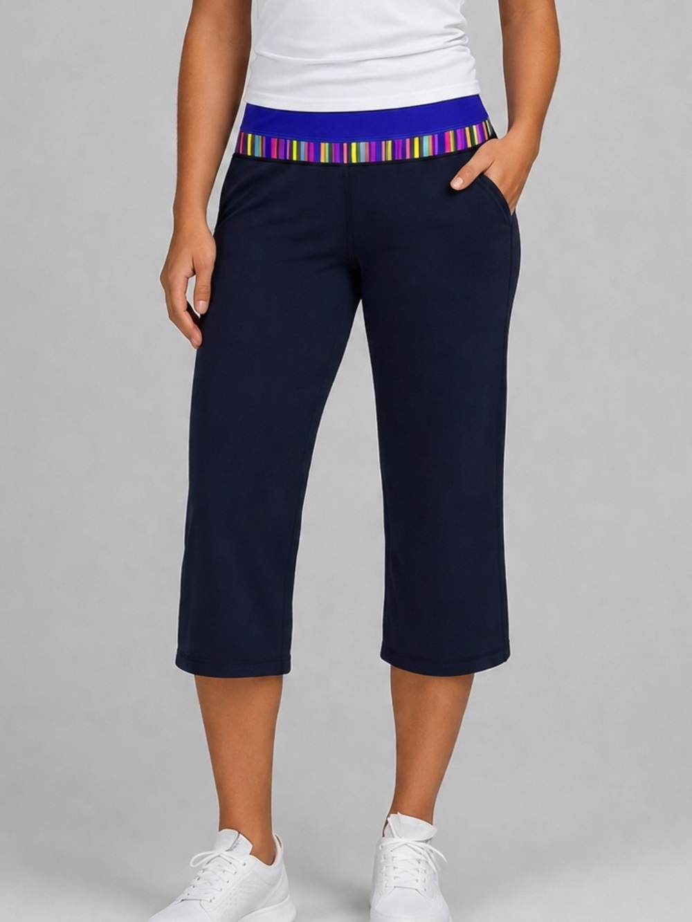Lululemon NWOT Groove Crop Pants Black Multicolor Stripe Waist Band Size 6